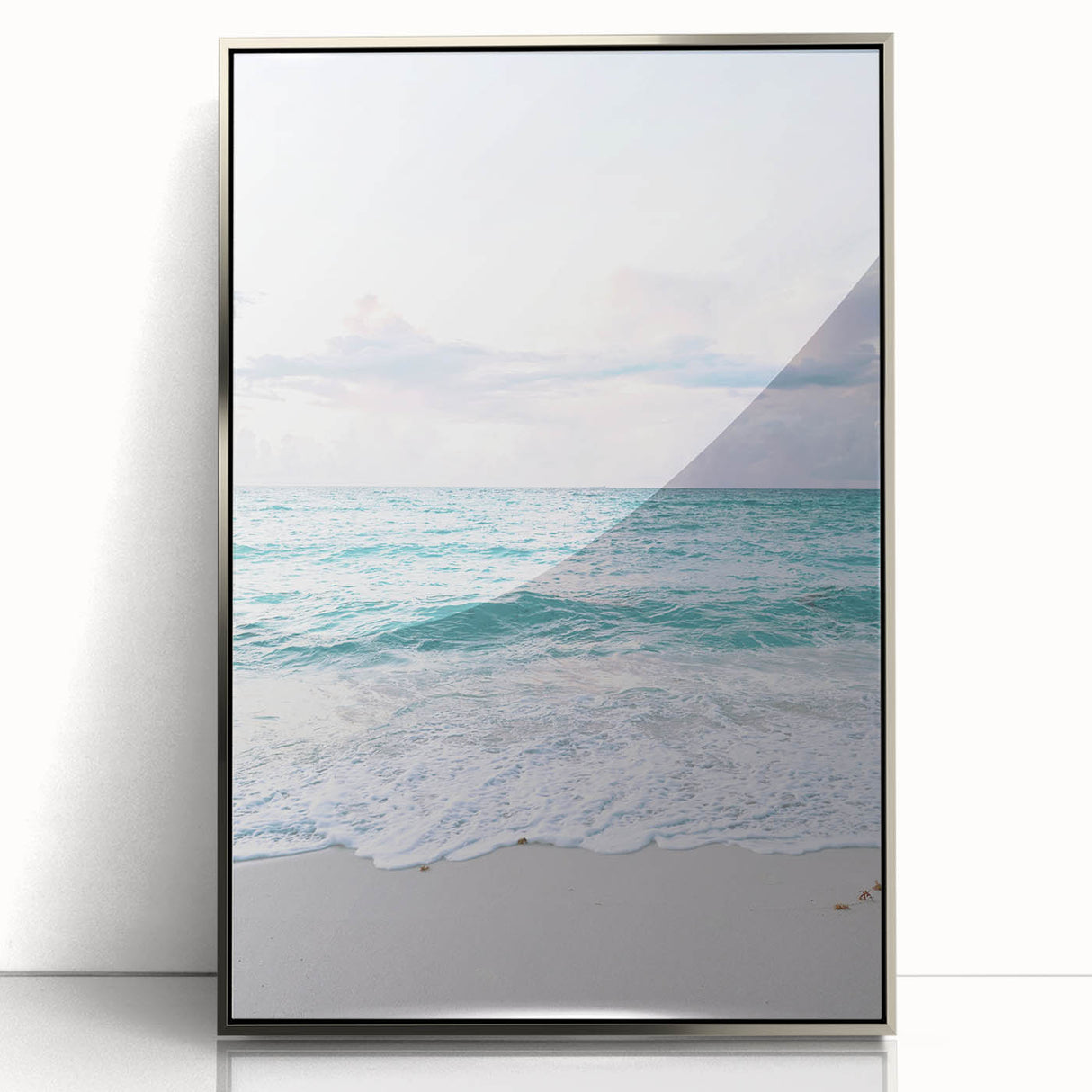 Mid-century modernist art depicting summer season in pastel shades on a silver-framed acrylic print.