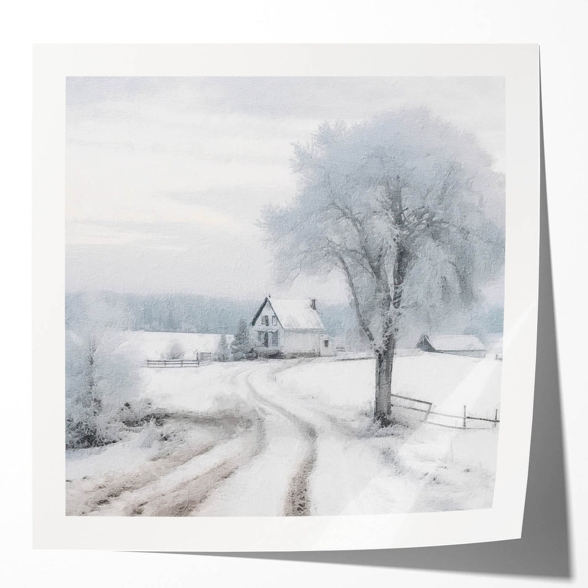 Winter scene with delicate snow-covered trees on glossy photo print, suitable as art wall dining room decor.