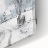 Winter-themed acrylic print featuring a snow-covered landscape in muted whites and grays.