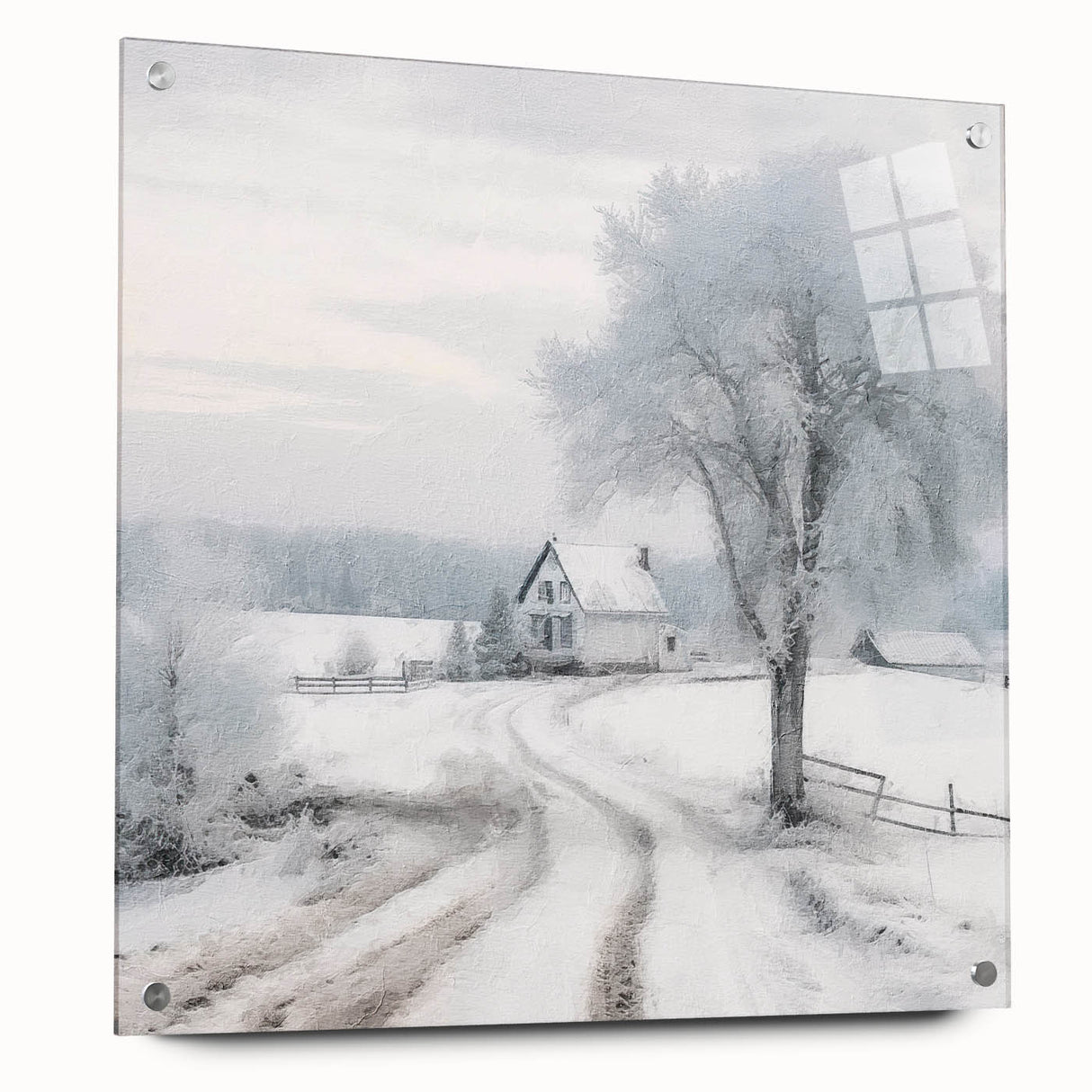 Winter scene with muted blue and white tones on acrylic glass, suitable for bedroom or dining room decor.