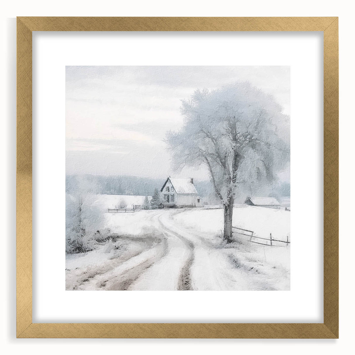 Winter-themed abstract art print in gold frame with textured details, ideal for extra large wall art in a living room.