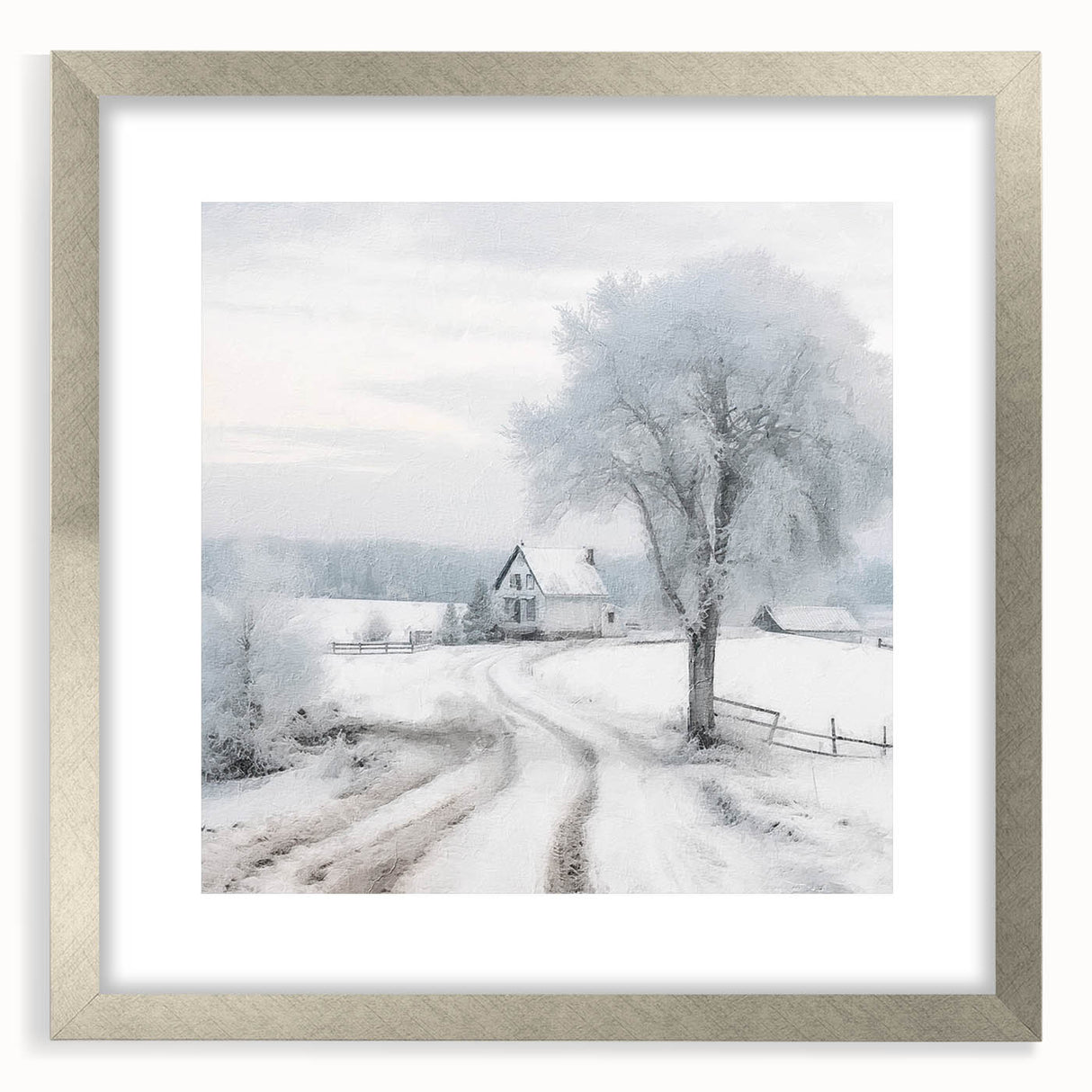 Textured art depicting an abstract winter scene in muted blue and white tones on a framed silver mat.