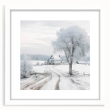 Abstract art print of a winter scene in muted blue and white tones, framed with a white mat, ideal for dining room decor.