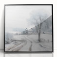 Large abstract wall art depicting a winter scene in muted gray tones, framed in black acrylic.