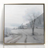 Winter scene with snow-covered trees in muted gray and blue tones on a large acrylic print.