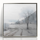 Framed acrylic print depicting a winter scene in mid-century modernist style, with muted silver and blue tones.