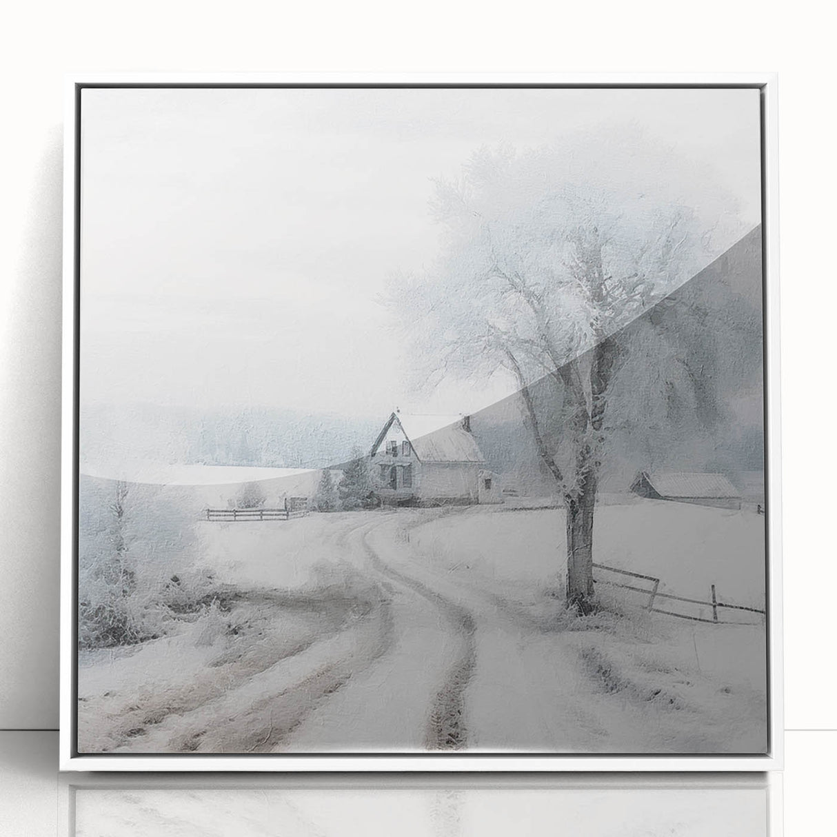 Art deco poster featuring a winter scene in muted blues and whites on a framed acrylic.