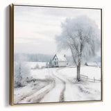 Winter landscape painting on framed canvas, featuring silver and gold tones, ideal for bedroom wall decor.
