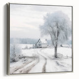 Winter landscape art painting on framed canvas, featuring muted silver and black tones, ideal for living room decor.