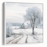 Framed canvas vintage poster art depicting a winter scene in muted white and gray tones, ideal for living room decor.