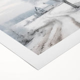 Art deco poster featuring a snowy landscape in muted blue and white tones on rolled canvas.