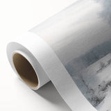 Winter-themed art deco poster featuring snowy landscape in muted blue and white tones, rolled canvas.