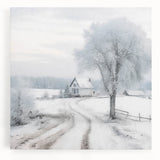 Winter-themed black and white wall art on stretched canvas, depicting a snowy landscape, suitable for kitchen decor.