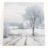 Winter scene in black and white on a large stretched canvas, ideal for kitchen wall art or bedroom ambiance.