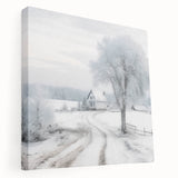 Winter landscape with snow-covered trees on a stretched canvas, in muted blue and white tones, suitable for kitchen wall art.