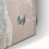 Large abstract wall art in vibrant orange and blue tones on acrylic glass, suitable for dining room ambiance.