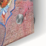 Large abstract wall art in mid-century modernist style on acrylic glass, featuring swirling blue and yellow tones.