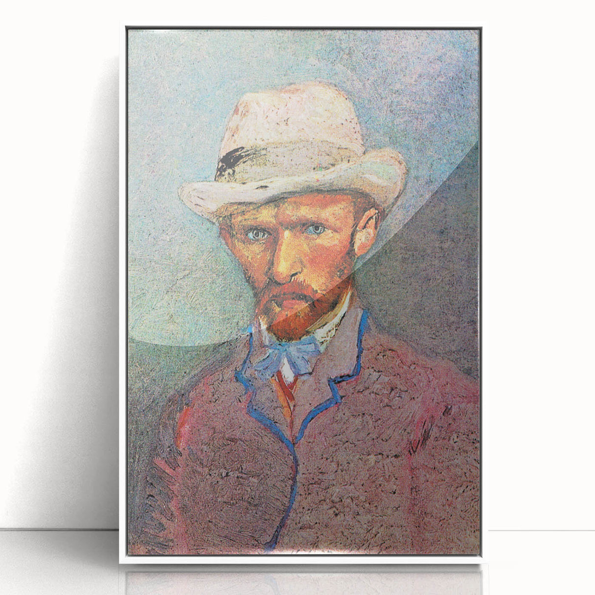 Mid-century modernist art depicting abstract shapes in pastel colors on a white acrylic framed poster.