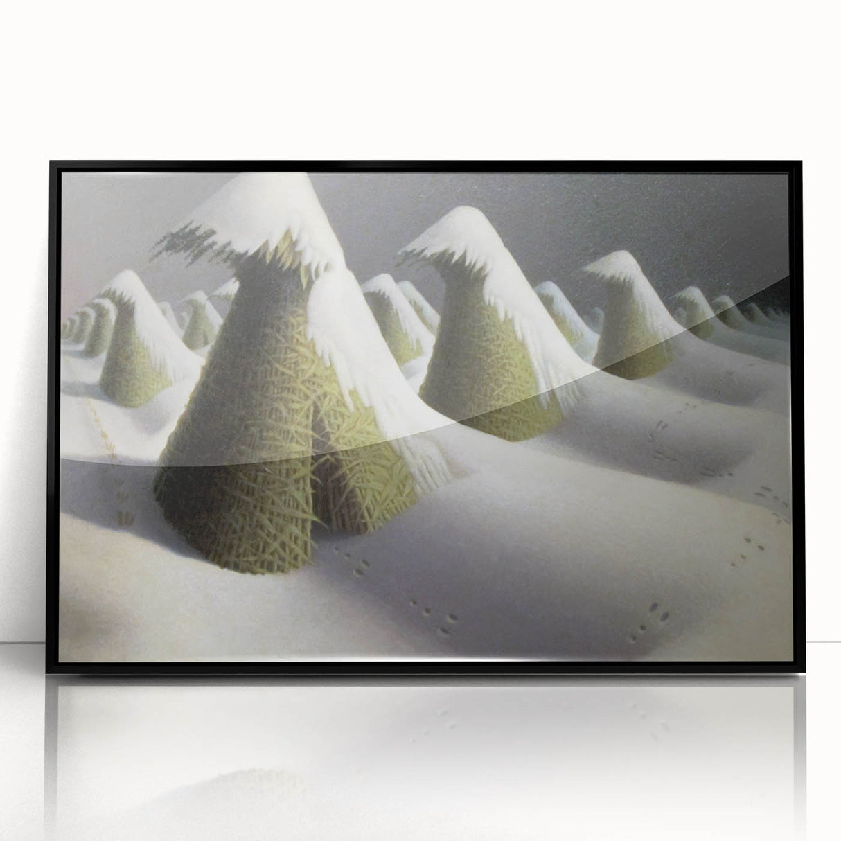 Modern Wall Art: Winter Landscape with Snow-Covered Haystacks