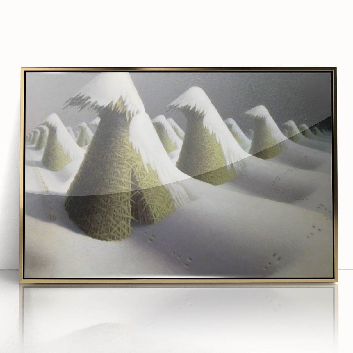 Modern Wall Art: Winter Landscape with Snow-Covered Haystacks