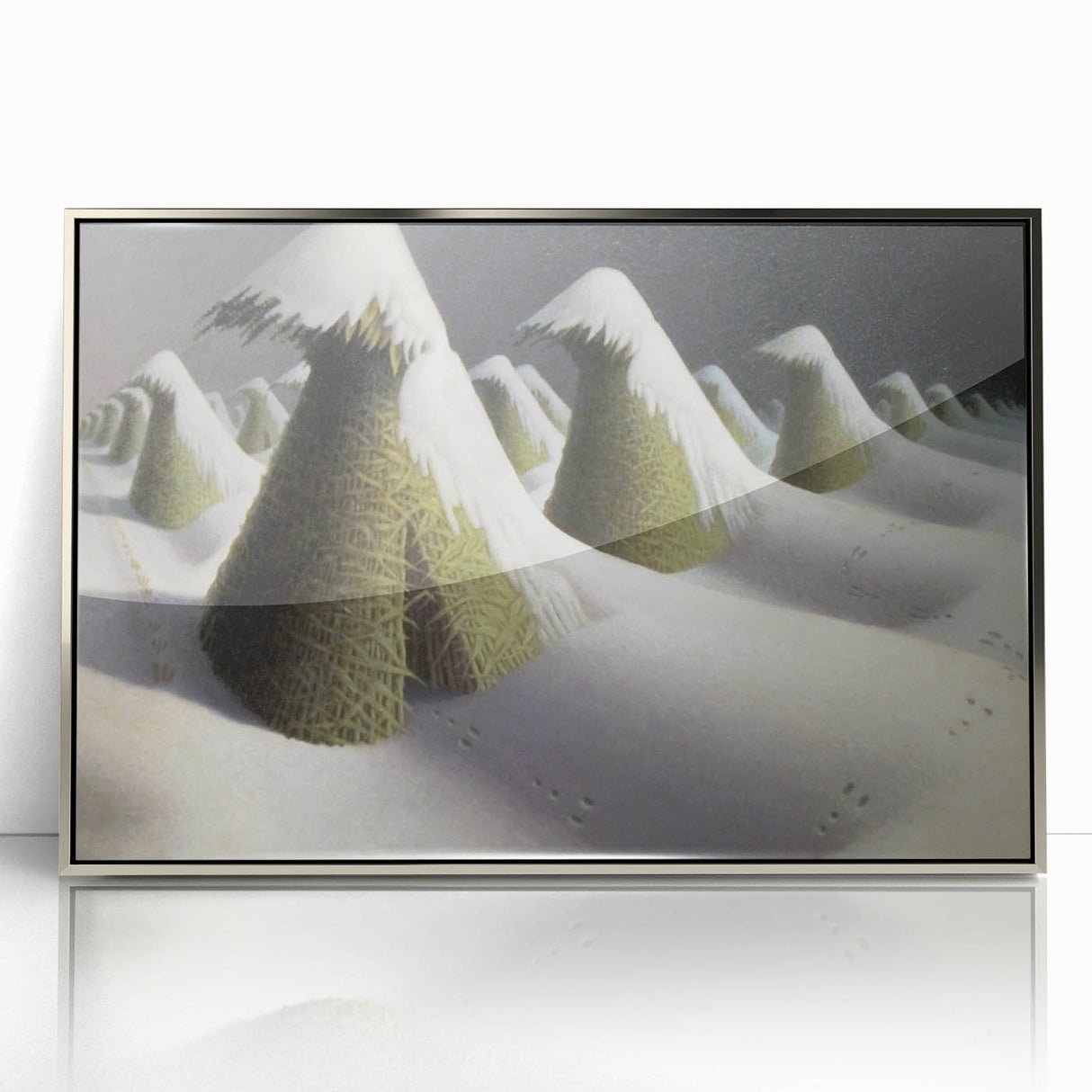 Modern Wall Art: Winter Landscape with Snow-Covered Haystacks