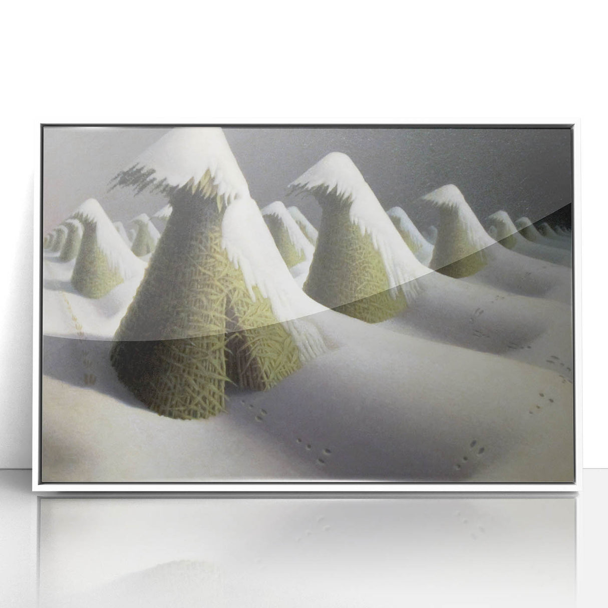 Modern Wall Art: Winter Landscape with Snow-Covered Haystacks