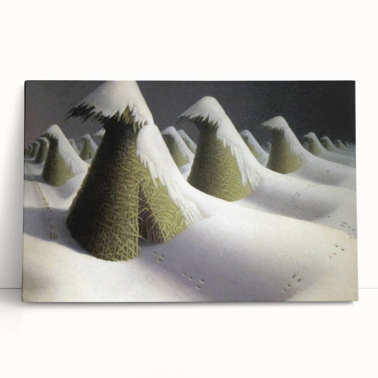 Modern Wall Art: Winter Landscape with Snow-Covered Haystacks