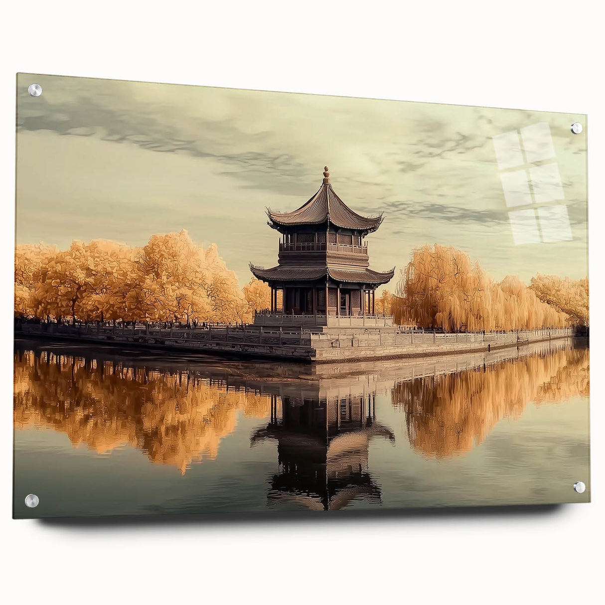 Acrylic glass artwork showcasing a side view of a majestic castle landscape design mounted with pins, featuring vibrant colors and intricate details, perfect for home decor.