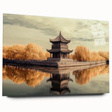 Acrylic glass artwork showcasing a vibrant landscape with a majestic castle, viewed from the side without pins, perfect for modern decor and art enthusiasts.