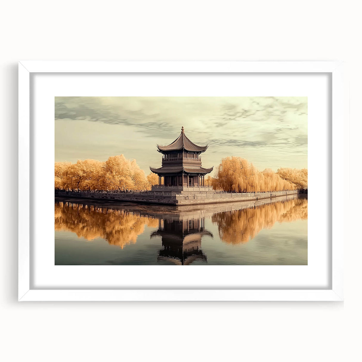 Elegant white-framed landscape artwork featuring a majestic castle surrounded by lush greenery, designed for home decor and enhancing interior spaces.
