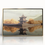 Framed acrylic artwork showcasing a picturesque landscape with a majestic castle, embellished with a luxurious gold frame, ideal for enhancing home decor.