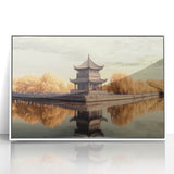 Framed acrylic artwork depicting a serene landscape with a majestic castle, featuring vibrant colors and intricate details, perfect for home decor enhancement.