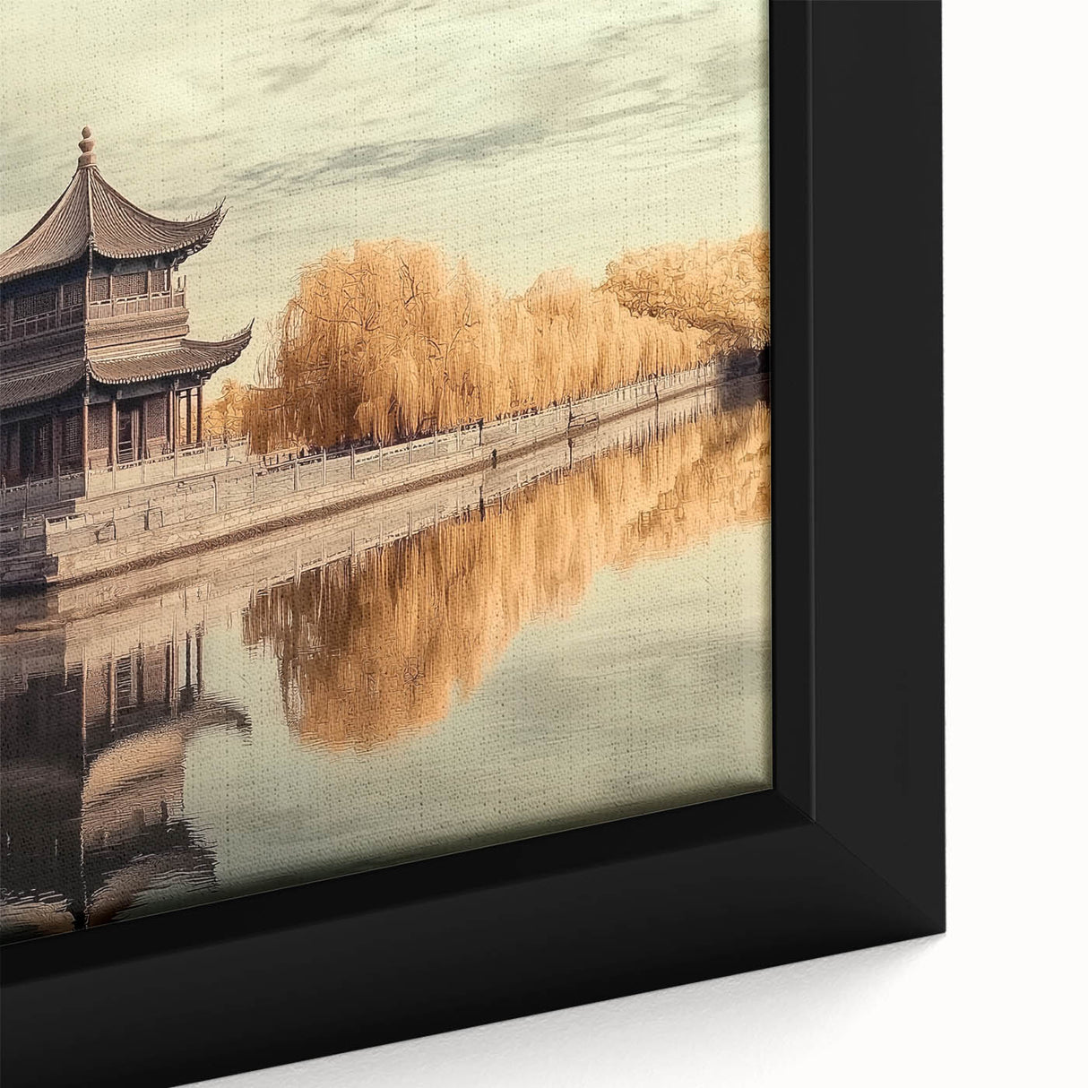 Close-up of a framed canvas showcasing a vibrant landscape with a majestic castle, rich colors and intricate details, enhancing home decor with elegance.