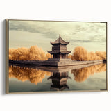 Framed canvas artwork showcasing a picturesque landscape with a majestic castle, highlighted by a luxurious gold frame, ideal for enhancing home decor.