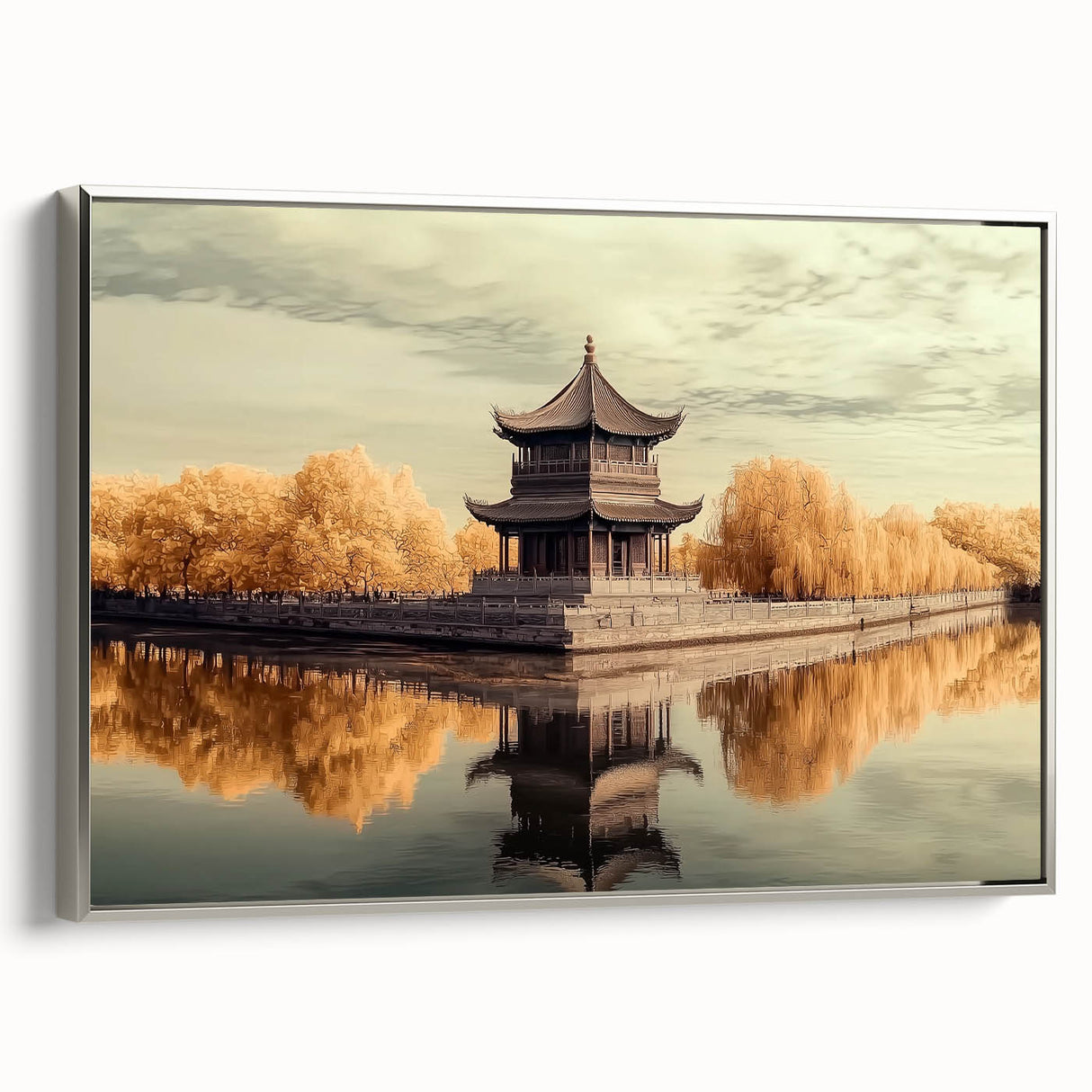 Framed canvas artwork showcasing a stunning landscape with a majestic castle, elegantly bordered in silver, highlighting intricate details and vibrant colors. Perfect for enhancing home decor.