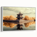 Framed canvas artwork depicting a serene landscape with a majestic castle, showcasing vibrant colors and intricate details, set against a white background.