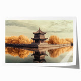 Rolled landscape print showcasing a picturesque castle against a vibrant sunset backdrop, elegantly packaged in a protective cardboard tube for shipping.