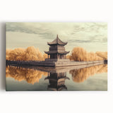 Stretched canvas artwork depicting a vibrant landscape with a majestic castle surrounded by lush greenery, ideal for home decor and art enthusiasts.