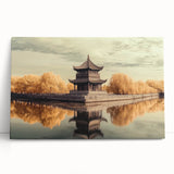 Stretched canvas artwork depicting a serene landscape with a majestic castle, showcasing vibrant colors and intricate details, ideal for home decor.
