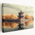 Stretched canvas artwork depicting a serene landscape with a majestic castle, featuring vibrant colors and intricate details, perfect for home decor.