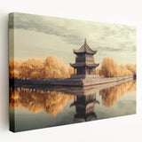 Stretched canvas artwork depicting a serene landscape with a majestic castle, featuring vibrant colors and intricate details, perfect for home decor.