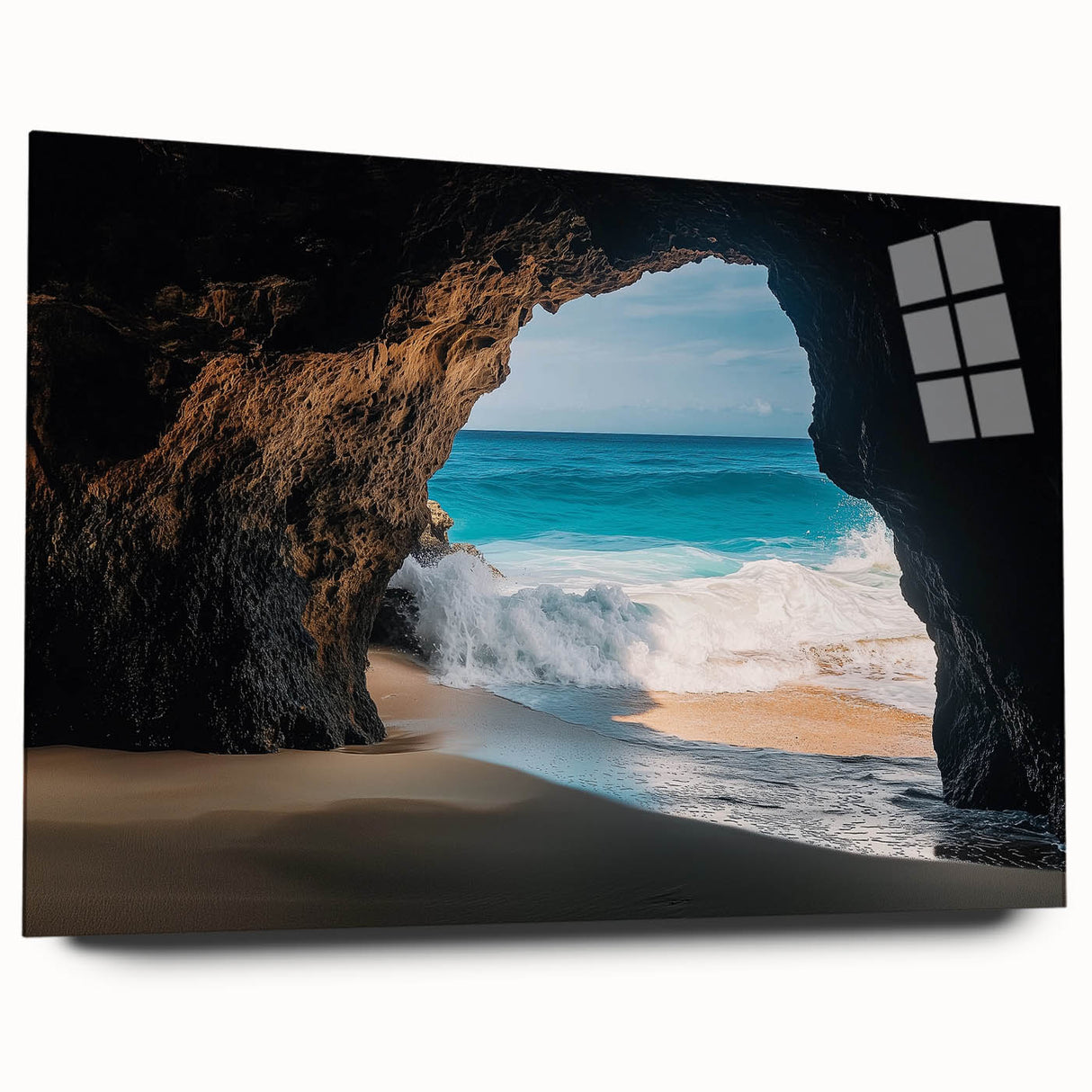 Acrylic glass artwork showcasing a stunning side view of colorful landscapes and intricate caves, designed without pins for a sleek, modern aesthetic. Ideal for enhancing contemporary interiors and art collections.