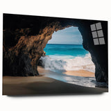 Acrylic glass artwork showcasing a stunning side view of colorful landscapes and intricate caves, designed without pins for a sleek, modern aesthetic. Ideal for enhancing contemporary interiors and art collections.