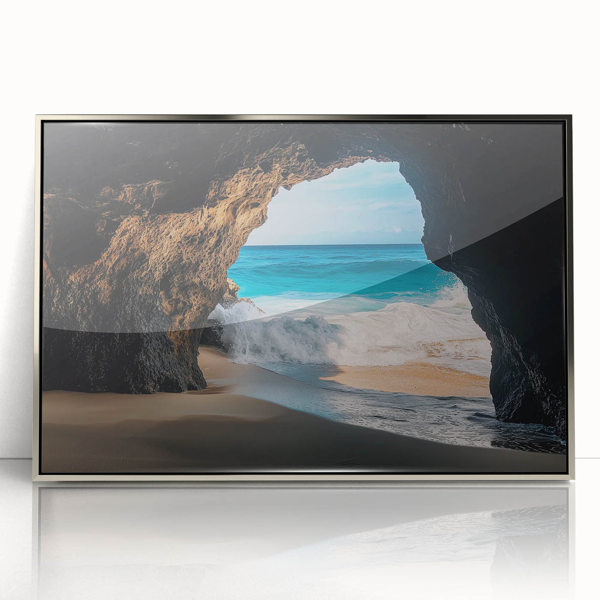 Framed acrylic artwork showcasing a stunning landscape with intricate cave formations, featuring rich colors and a sleek silver frame, perfect for modern decor.