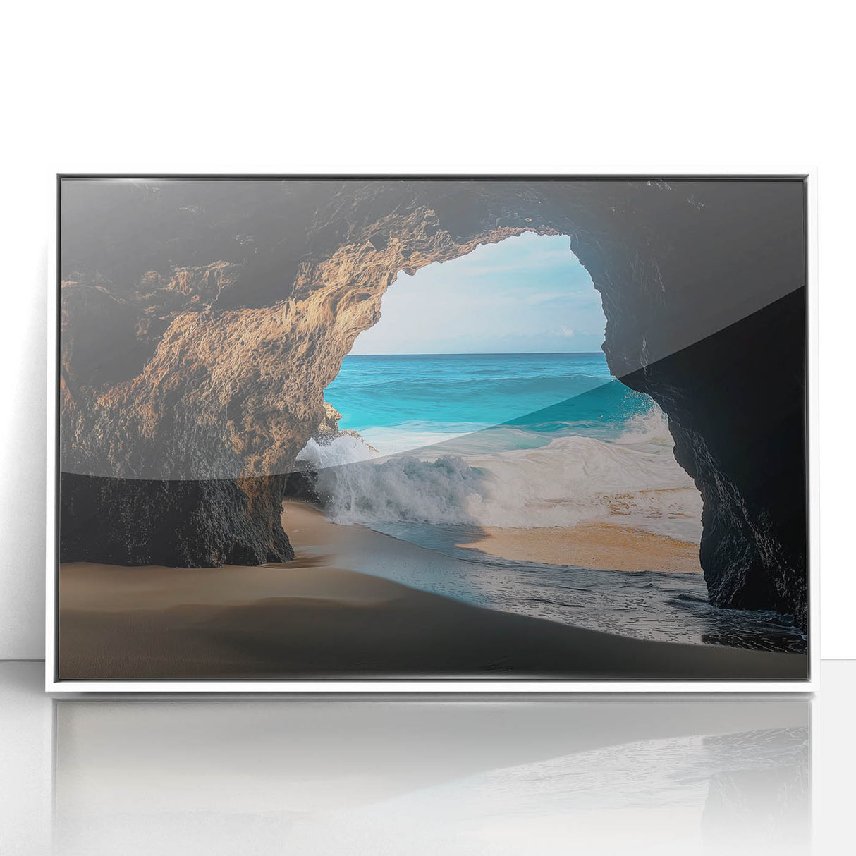 Framed acrylic artwork showcasing a serene landscape with caves, featuring vibrant colors and intricate details, perfect for modern home decor.