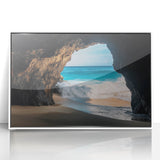 Framed acrylic artwork showcasing a serene landscape with caves, featuring vibrant colors and intricate details, perfect for modern home decor.