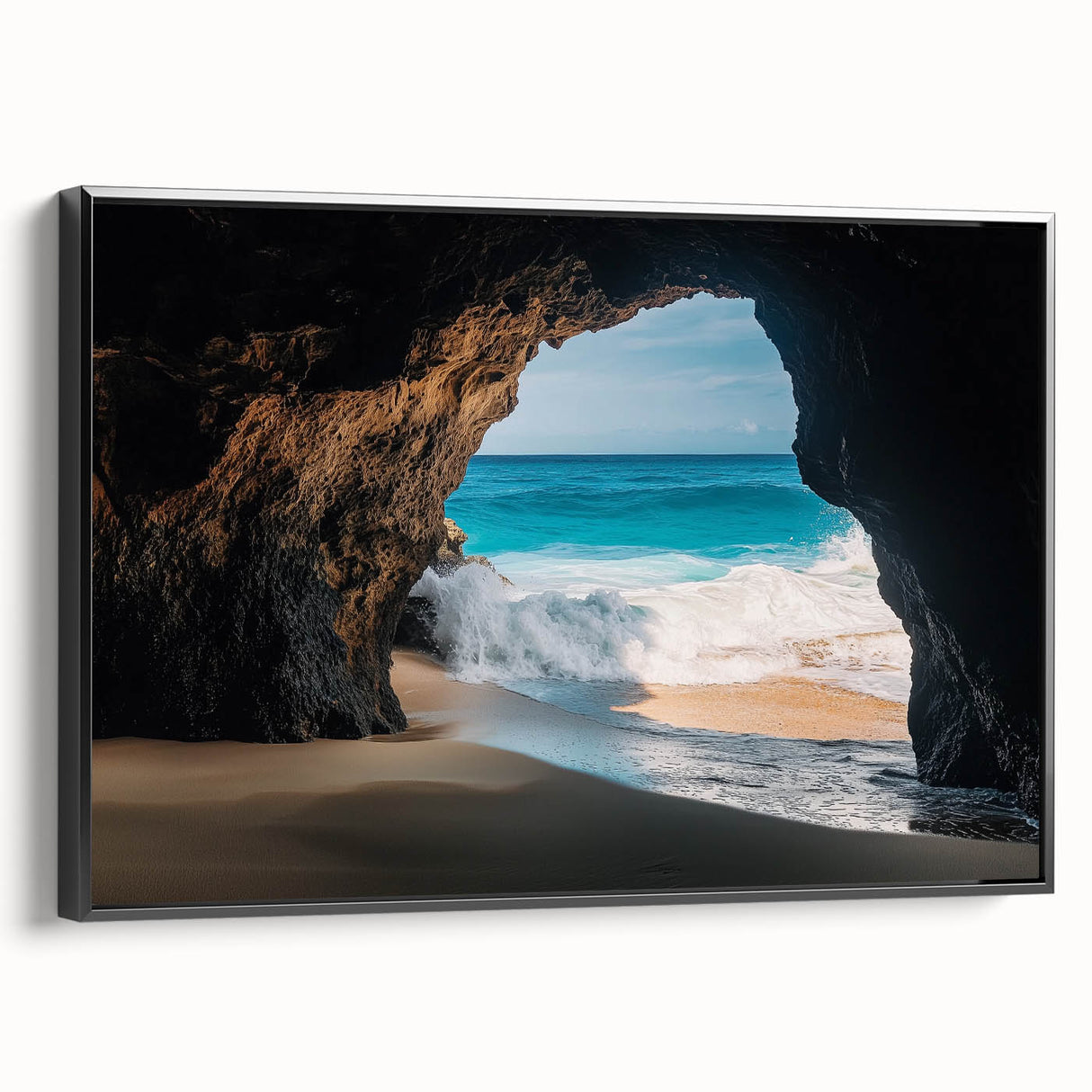 Framed canvas artwork depicting a serene landscape with caves, showcasing earthy tones and intricate details, perfect for enhancing home decor.