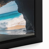 Framed canvas artwork depicting a vibrant landscape featuring intricate cave formations, showcasing rich earth tones and textures, perfect for home decor.