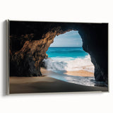 Framed canvas artwork showcasing a stunning landscape with intricate cave formations, featuring a sleek silver frame that enhances the design's elegance. Perfect for home decor.