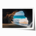Vibrant rolled print showcasing a stunning landscape scene with intricate cave formations, designed for wall decor, elegantly packaged in a protective cardboard tube.
